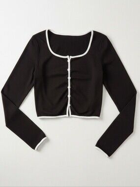 SHEIN Black & White Trim Modern Chic Long Sleeve Crop Top – Size Small